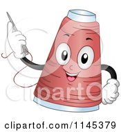 Cartoon Of A Thread Spool Mascot Holding A Needle Royalty Free Vector Clipart
