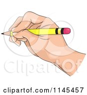 Cartoon Of A Hand Writing With A Yellow Pencil Royalty Free Vector Clipart