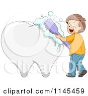 Cartoon Of A Happy Brunette Boy Brushing A Giant Tooth Royalty Free Vector Clipart