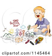 Poster, Art Print Of Cartoon Of A  Happy Red Haired Boy With His Drawings Coming To Life Royalty Free Vector Clipart