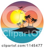 Circle Scene Of Gulls And A Sunset Over Silhouetted Tropical Island