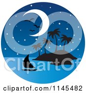 Poster, Art Print Of Circle Scene Of Gulls And A Moon Over A Sailboat And Silhouetted Tropical Island