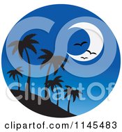 Poster, Art Print Of Circle Scene Of Gulls And A Moon Over Silhouetted Island Palm Trees