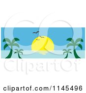 Hawaian Ocean Sunset Website Banner With Palm Trees And Seagulls
