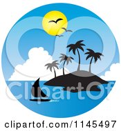 Circle Scene Of Gulls And A Sun Over A Sailboat And Silhouetted Tropical Island