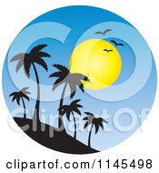 Poster, Art Print Of Circle Scene Of Gulls And A Sun Over Silhouetted Island Palm Trees