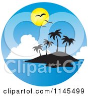 Poster, Art Print Of Circle Scene Of Gulls And A Sun Over A Silhouetted Tropical Island