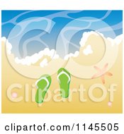 Poster, Art Print Of Starfish Shells And Flip Flop Sandals On Tropical Beach Sand At The Edge Of The Ocean Surf