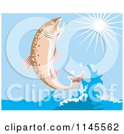 Clipart Of A Leaping Trout Fish And Sunshine Royalty Free Vector Illustration