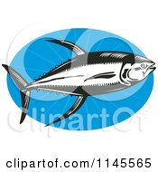 Black And White Retro Yellowfin Tuna Fish Over Blue