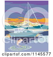 Poster, Art Print Of Fish Leaping By A Sailbot At Sunset