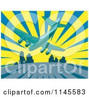 Poster, Art Print Of Flying Commercial Airplane Over A City And Rays