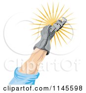 Clipart Of A Mans Hand Holding A Rench Over A Sun Burst Royalty Free Vector Illustration