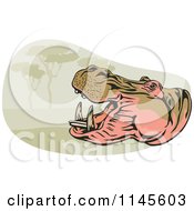 Clipart Of A Retro Roaring Hippo Over A Landscape Royalty Free Vector Illustration