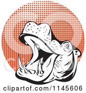 Poster, Art Print Of Retro Black And White Roaring Hippo Over Orange Halftone