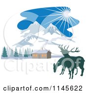 Poster, Art Print Of Deer Near A Winter Mountainous Cabin
