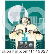 Poster, Art Print Of Retro Mad Scientist Pouring Chemicals Near A City