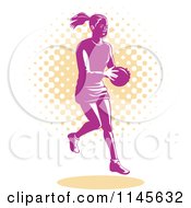 Poster, Art Print Of Retro Pink Female Netball Player Over Orange Halftone Dots