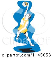 Poster, Art Print Of Female Netball Player Jumping Over Blue