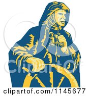 Poster, Art Print Of Retro Sea Captain Holding Binoculars At The Helm