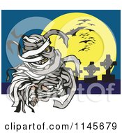 Clipart Of A Mummy Reaching Out Against A Full Moon Bats And Tombstones Royalty Free Vector Illustration