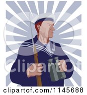 Clipart Of A Retro Sailor Holding Binoculars Over Rays Royalty Free Vector Illustration by patrimonio