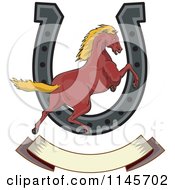 Clipart Of A Horse Leaping Over A Horseshoe And Banner Royalty Free Vector Illustration by patrimonio