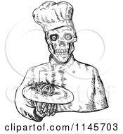 Poster, Art Print Of Sketched Black And White Skeleton Chef Serving Bones
