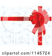 Poster, Art Print Of Red Christmas Bow And Ribbon Over Blue Snowflakes On White
