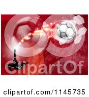 Poster, Art Print Of Silhouetted Athlete Kicking A Soccer Ball Over Red Waves Balls And Hexagons