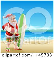 Poster, Art Print Of Thumb Up Summer Santa With A Surf Board On A Beach