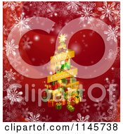 Merry Christmas Banner And Tree Of Gifts On Red With Snowflakes