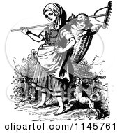 Poster, Art Print Of Retro Vintage Black And White Mother With A Rake Dog And Baby In A Basket