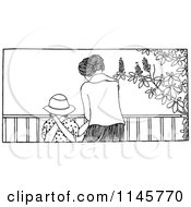 Clipart Of A Retro Vintage Black And White Mom And Daughter At A Railing Royalty Free Vector Illustration