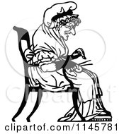 Clipart Of A Retro Vintage Black And White Old Woman Knitting Royalty Free Vector Illustration