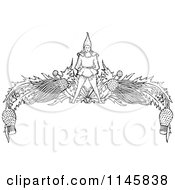 Clipart Of A Retro Vintage Black And White Gnome And Flower Border Royalty Free Vector Illustration