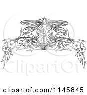 Retro Vintage Black And White Dragonfly And Floral Page Border