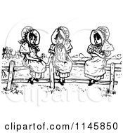 Clipart Of Retro Vintage Black And White Girls Sitting On A Fence Royalty Free Vector Illustration by Prawny Vintage