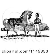 Clipart Of A Retro Vintage Black And White Man And Handsome Horse Royalty Free Vector Illustration