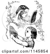 Clipart Of Retro Vintage Black And White Girls Trainning Their Hair And Looking In Mirrors Royalty Free Vector Illustration