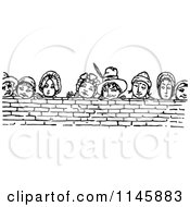 Retro Vintage Black And White People Looking Over A Brick Wall