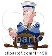 Sailor Man Steering The Wheel Of A Ship Clipart Illustration