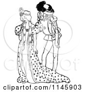 Clipart Of A Retro Vintage Black And White Shy Princess And Man Royalty Free Vector Illustration