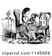 Poster, Art Print Of Retro Vintage Black And White Girl Holding A Doll By A Chair
