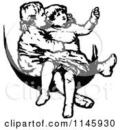 Clipart Of Retro Vintage Black And White Children On The Moon Royalty Free Vector Illustration