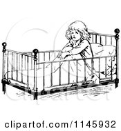 Clipart Of A Retro Vintage Black And White Girl Sitting Up In A Crib Royalty Free Vector Illustration