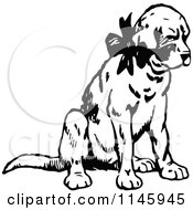 Clipart Of A Retro Vintage Black And White Dog Wearing A Bow Royalty Free Vector Illustration