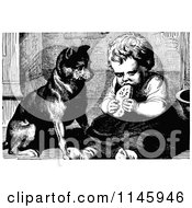 Poster, Art Print Of Retro Vintage Black And White Dog Watching A Girl Eat