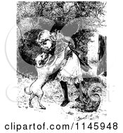 Clipart Of A Retro Vintage Black And White Girl Embracing Her Dog Royalty Free Vector Illustration