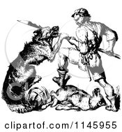 Clipart Of A Retro Vintage Black And White Warrior Man Fighting A Dog Royalty Free Vector Illustration